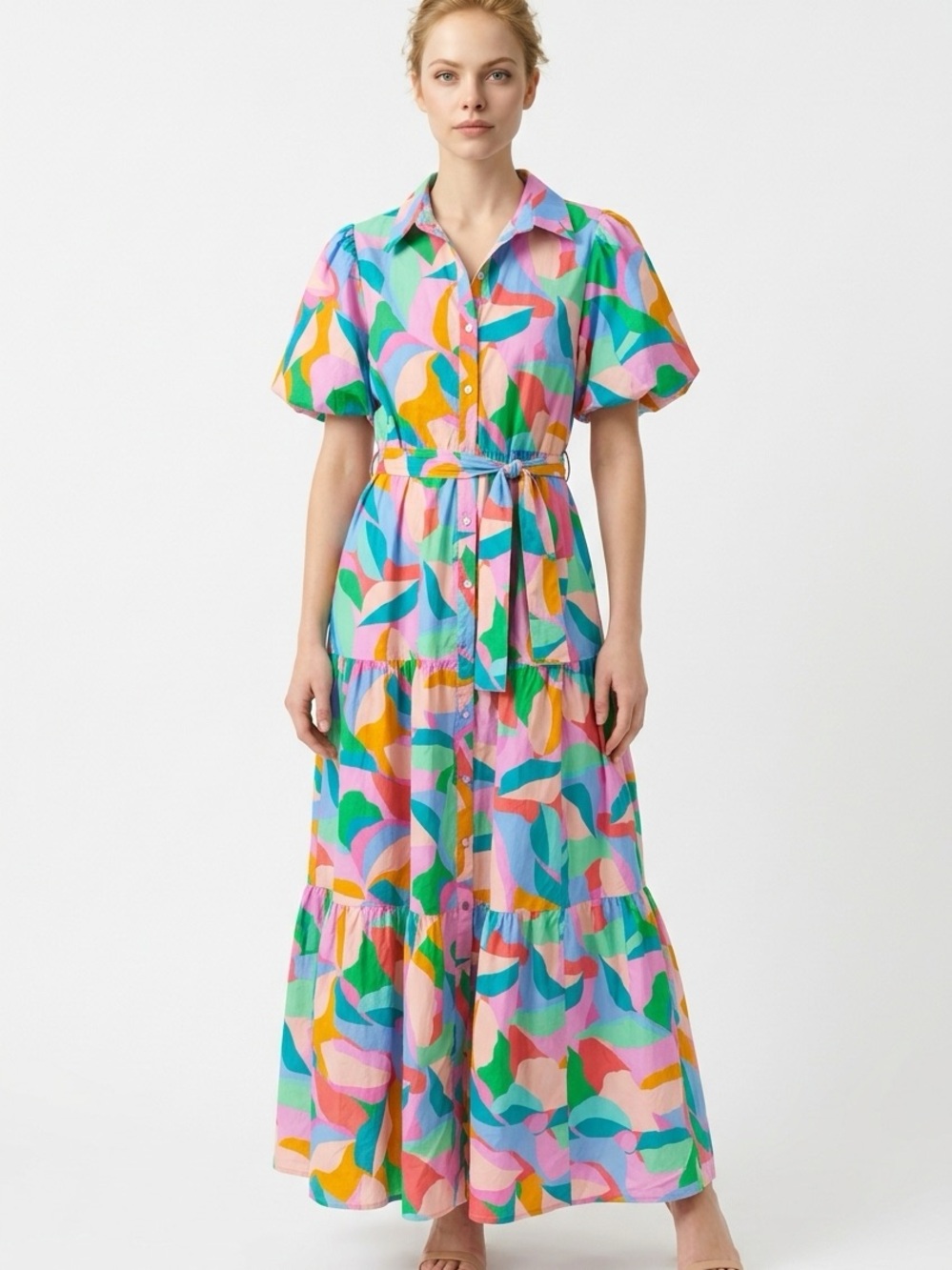 PEACH LOVE | Colorful Abstract Tiered Maxi Button Shirt Dress Women’s Size Small